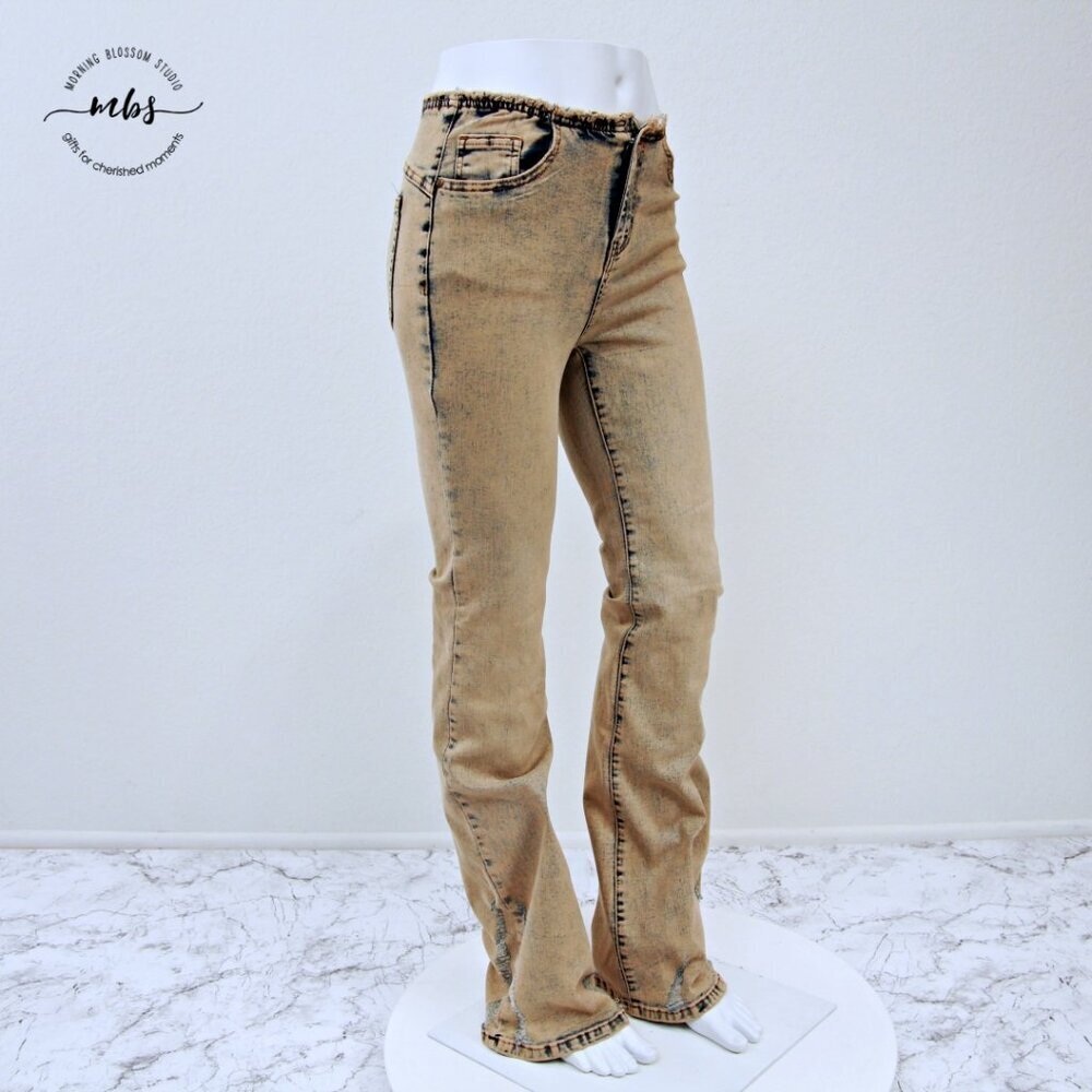 NWT Machine Distressed‎ Mid Rise Wide Leg Jeans Tan Blue Women XS